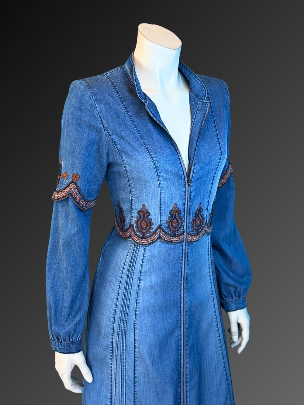 Vintage Y2K Denim Embroidered Boho Maxi Duster or Coat Dress | S M - Picture 9 of 16